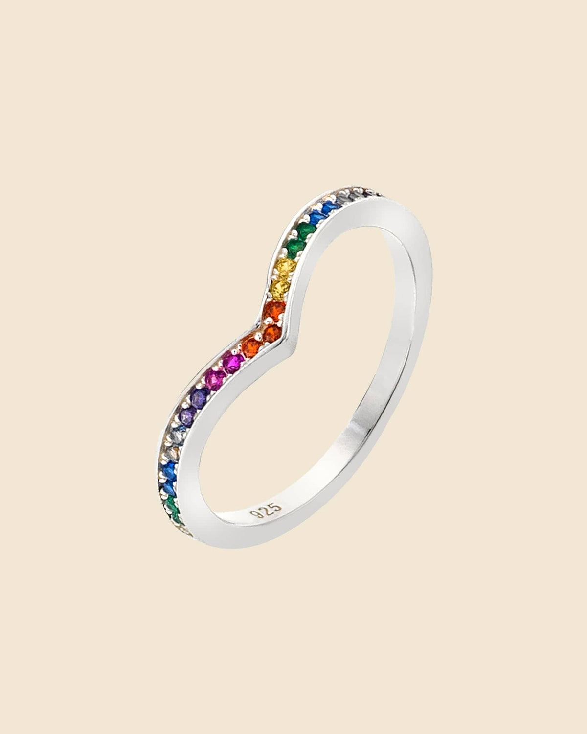 Sterling Silver and Cubic Zirconia Rainbow Wishbone Ring