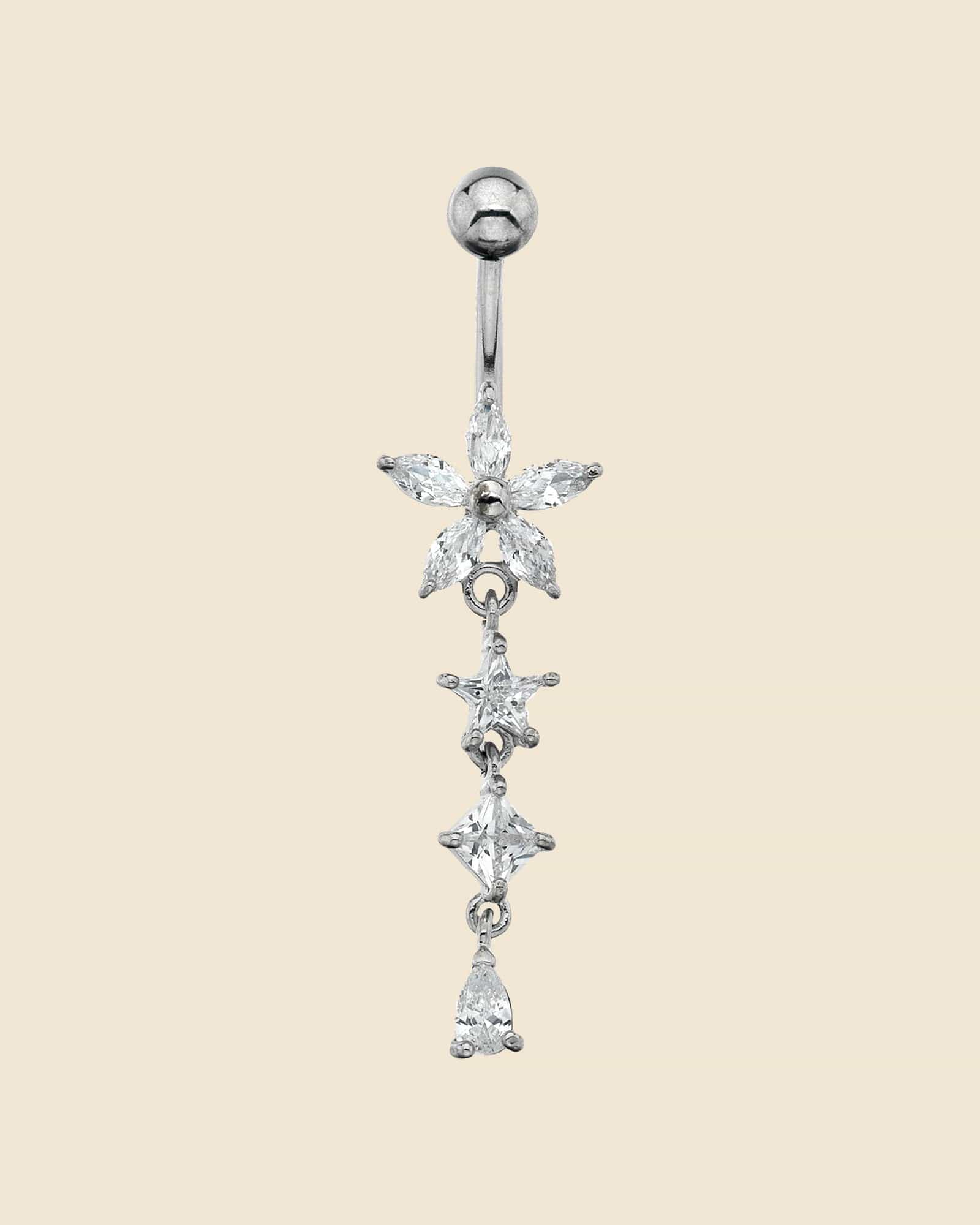 Flower Navel Bar with Drop in Surgical Steel