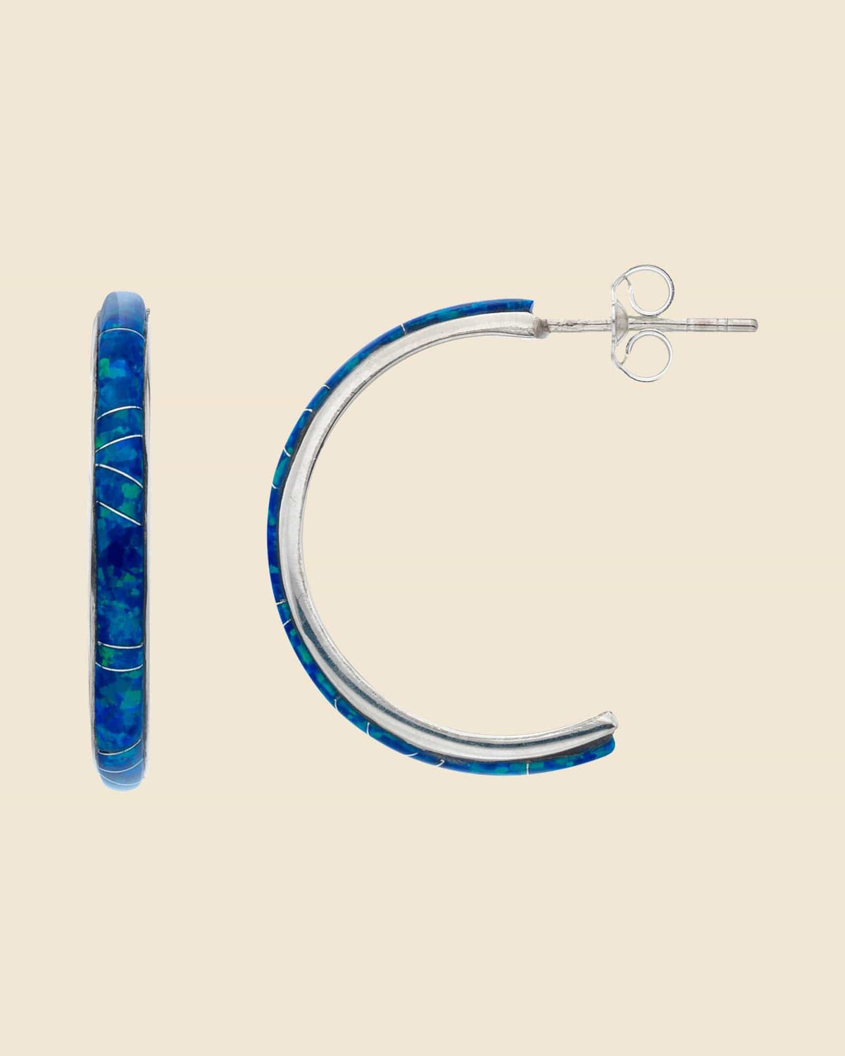 Sterling Silver and Blue Opal Half Hoops