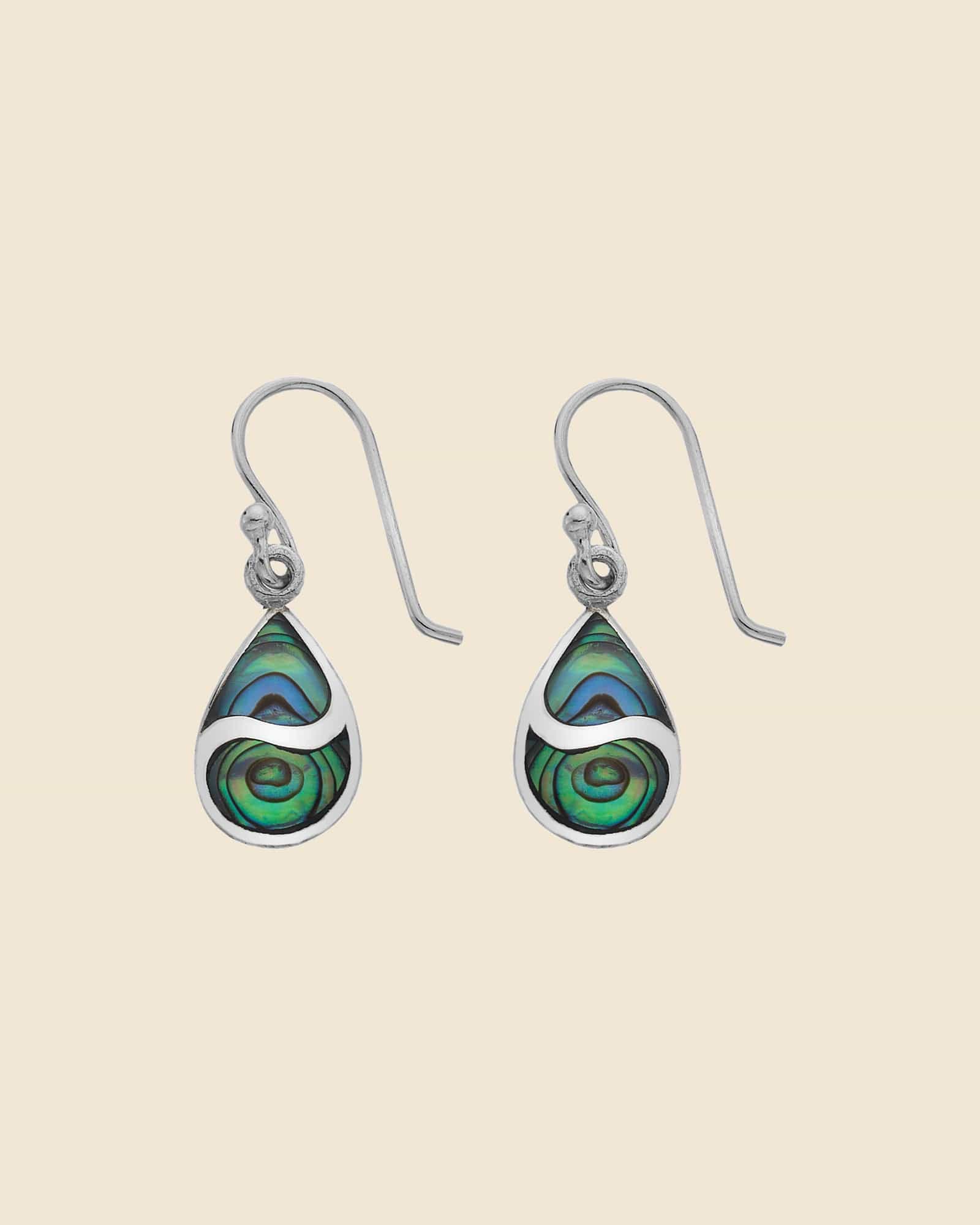 Paua Shell and Sterling Silver Teardrop Earrings with Wave.
