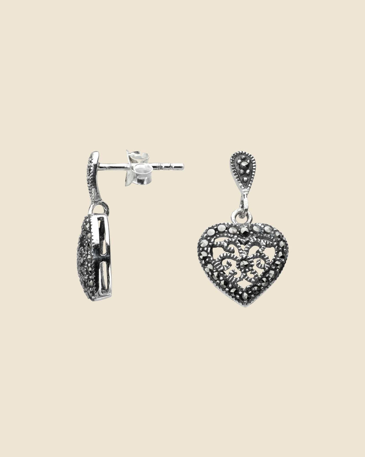Sterling Silver and Marcasite Heart Earrings