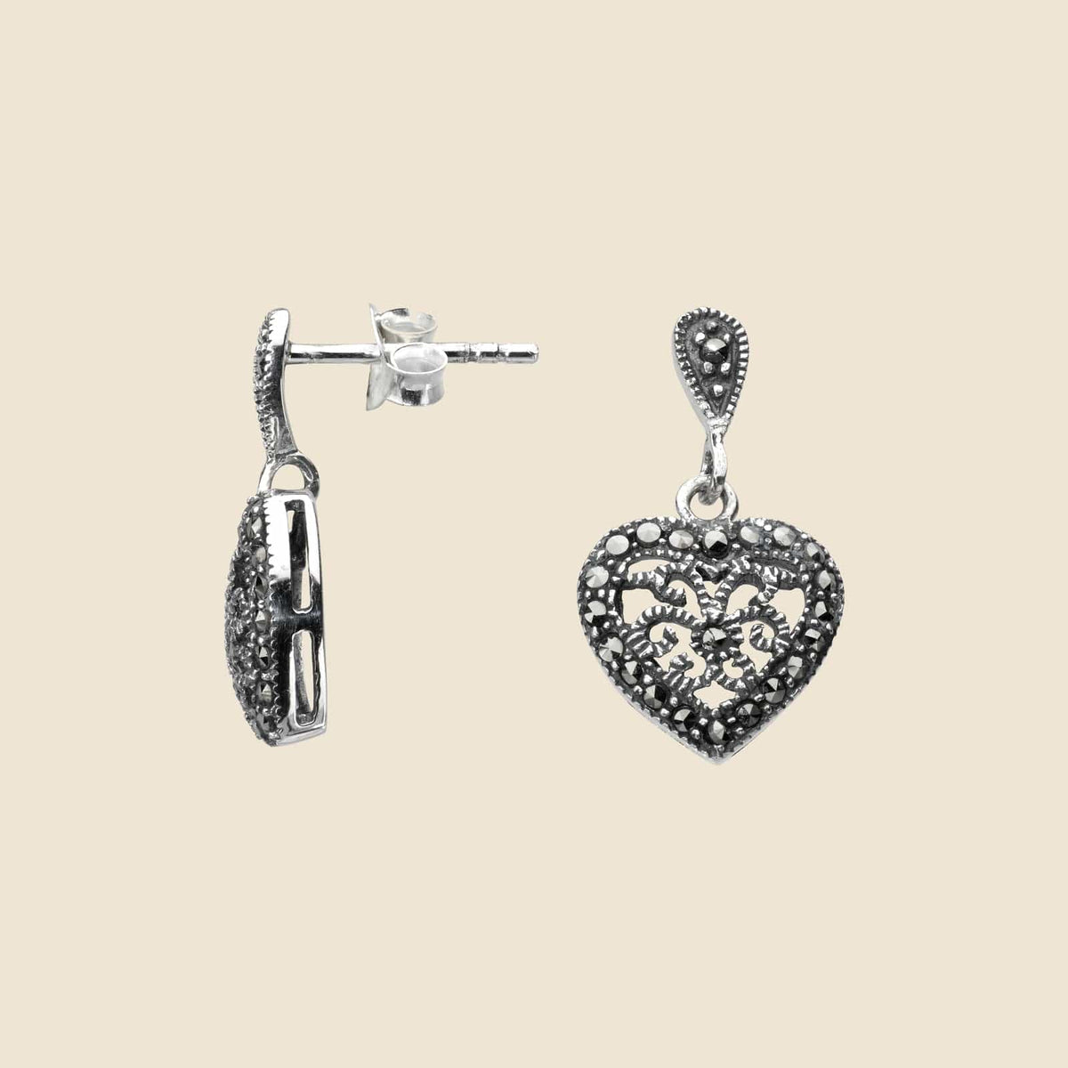 Sterling Silver and Marcasite Heart Earrings1