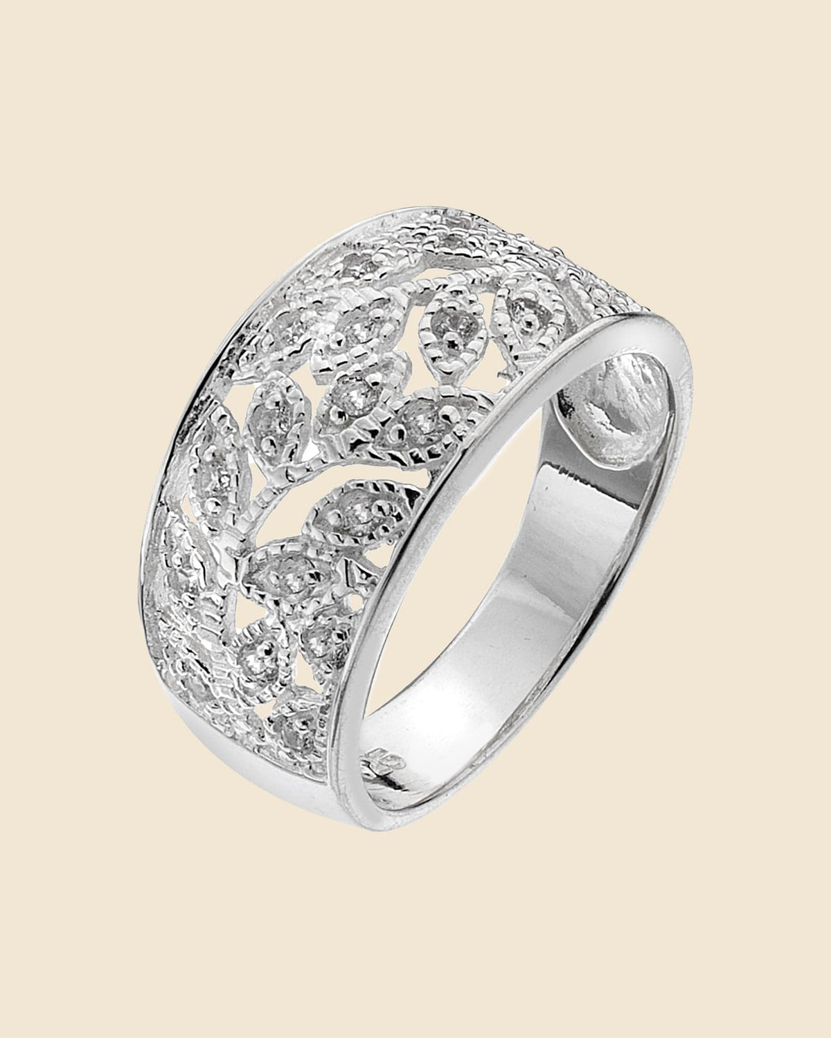 Sterling Silver and Cubic Zirconia Wide Leaf Detail Ring