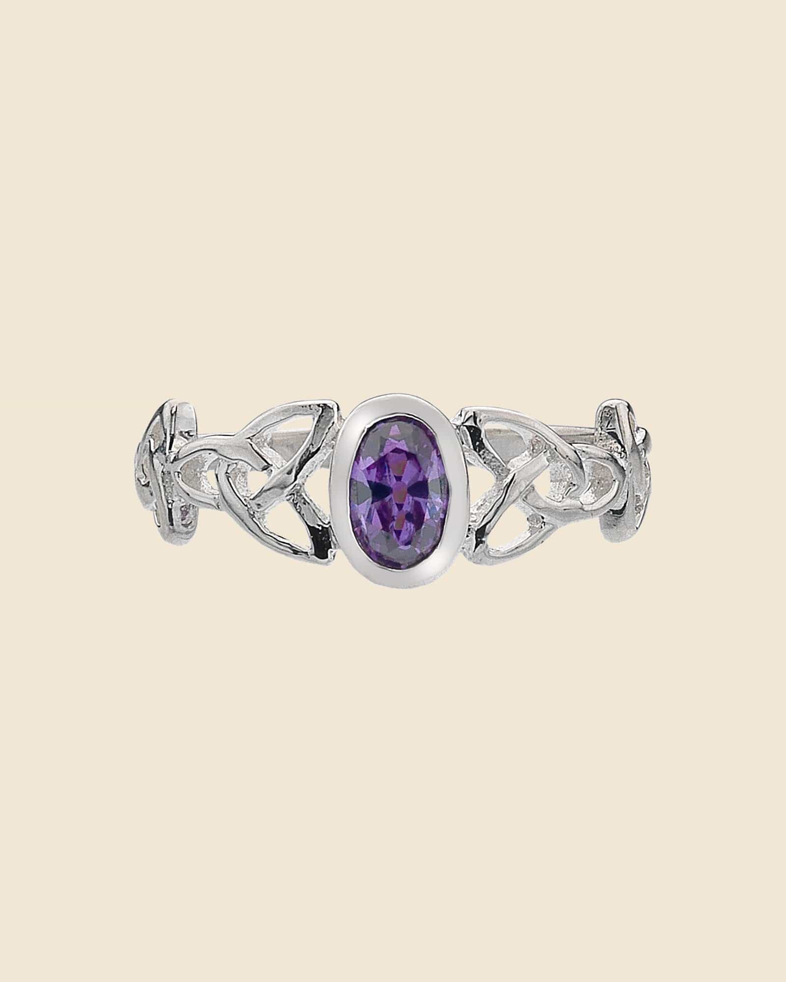 Sterling Silver and Purple Cubic Zirconia Celtic Knot Ring