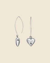Sterling Silver Puffed Heart Long Drop Earrings