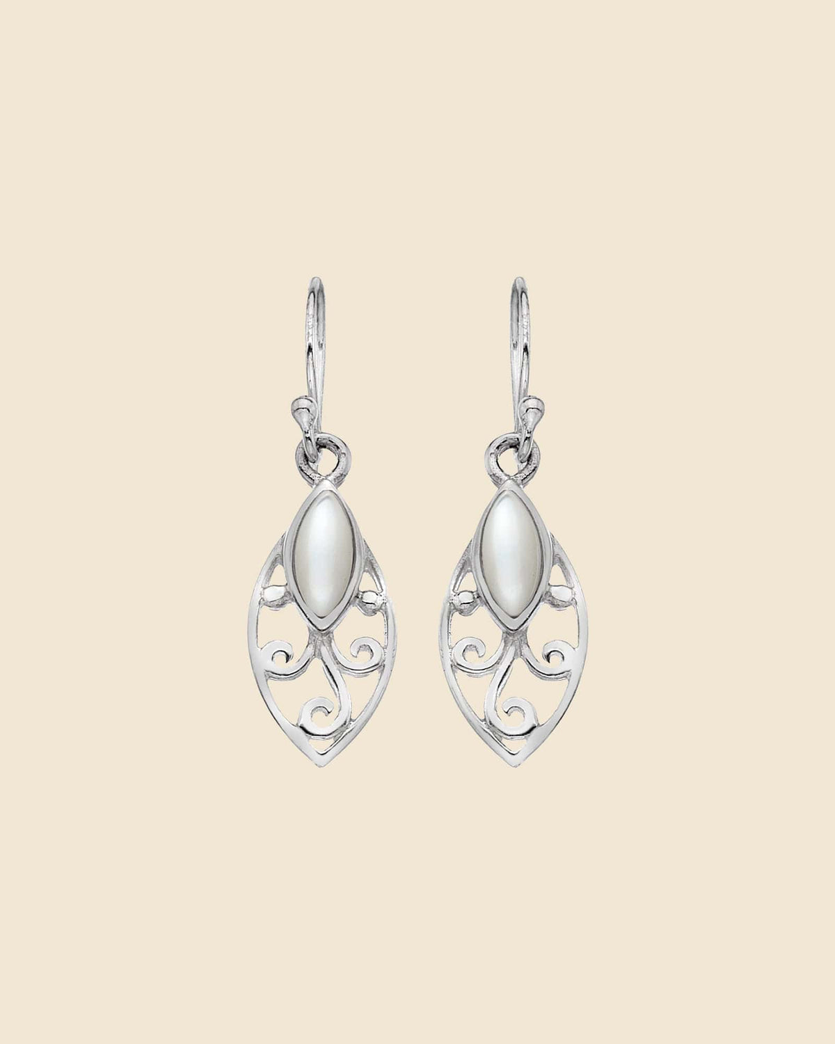 Sterling Silver and Mother of Pearl Ornate Drop Earrings