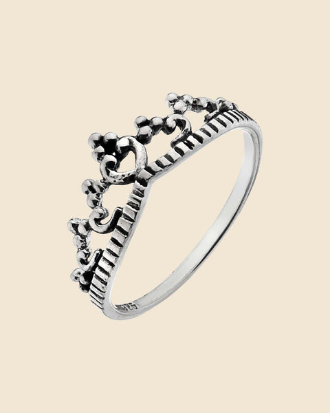 Oxidized Crown Tiara Queen Ring - .925 Sterling Silver Band, Sizes 4-10, Royal-Inspired Jewelry