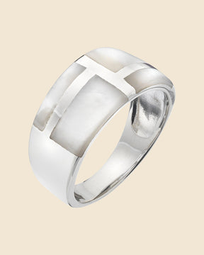 Sterling silver ring featuring a geometric Mondrian-style inlay of iridescent white mother of pearl panels.